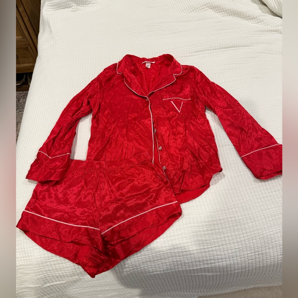 Victoria's Secret Red Satin Pajama Set with White Piping